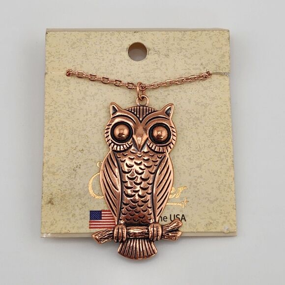 Sweet Wise Owl Copper by Wheeler Pendant Necklace Highly Detail Solid Copper 18" - Picture 2 of 5
